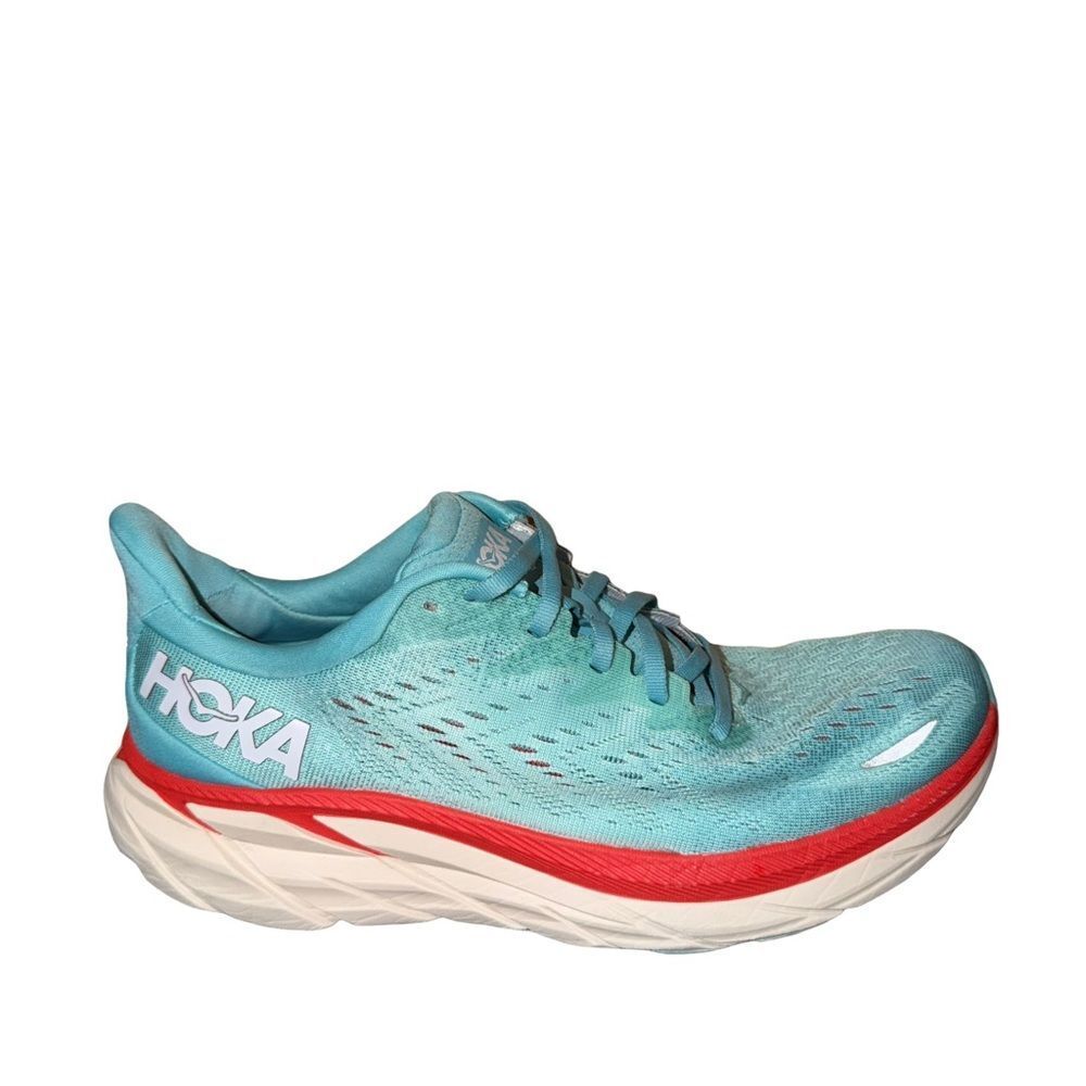HOKA Women's Clifton 8 Turquoise Running Shoe with Red Accent size 10B
